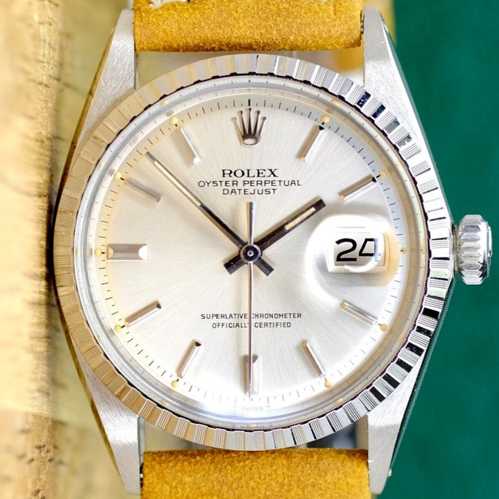 Rolex Datejust Silver Index Dial Steel Engine Turned Yellow Leather Watch 1601